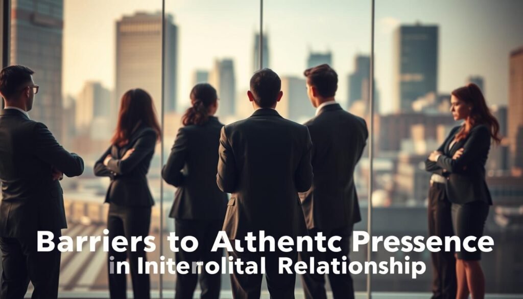 A conceptual image illustrating "Barriers to Authentic Presence in Interpersonal Relationships." In the foreground, a group of diverse individuals in professional business attire, standing back-to-back with their arms crossed, symbolizing emotional distance and barriers. In the middle ground, a fragmented glass wall represents miscommunication and emotional barriers, casting reflections of their faces that show longing for connection. The background features a softly blurred cityscape, symbolizing the external pressures of modern life. The lighting is warm and atmospheric, creating a feeling of introspection and contemplation. The scene captures a sense of isolation despite physical proximity, evoking a mood of both tension and desire for authentic relationships.