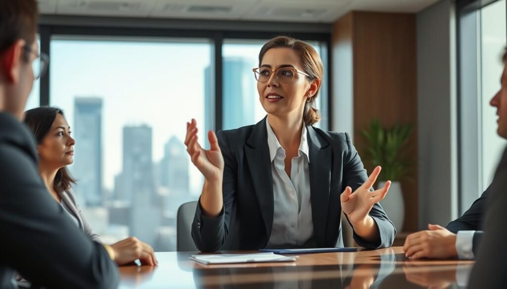 A confident businesswoman in a well-fitted blazer and blouse sits at a modern conference table, actively engaging in a discussion with colleagues across from her. She gestures assertively, emphasizing clarity while communicating her needs. In the background, a large window reveals a bright urban skyline, suggesting a professional environment. Natural light streams in, casting soft shadows and creating an inviting atmosphere. The camera angle is slightly above the table, focusing on her expressive face and hands to convey sincerity and purpose. Colleagues, dressed in smart business attire, listen attentively, reflecting a collaborative spirit. The image exudes positivity, empowerment, and professionalism, perfect for illustrating effective communication strategies.