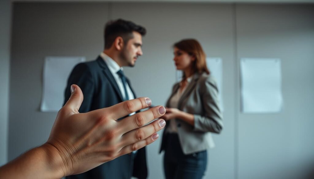 A contemplative scene depicting non-verbal communication and vulnerability in interpersonal relationships. In the foreground, a close-up of a pair of hands, slightly apart, symbolizing emotional distance. In the middle, two individuals dressed in business attire, standing in a muted office setting, exchanging glances; their facial expressions convey concern and hesitation. The background features soft, diffused lighting that creates an intimate and slightly somber atmosphere, enhancing the mood of fragility. The scene is framed from a slightly low angle to emphasize the physical distance and emotional barriers between them, evoking a sense of isolation despite being in proximity.