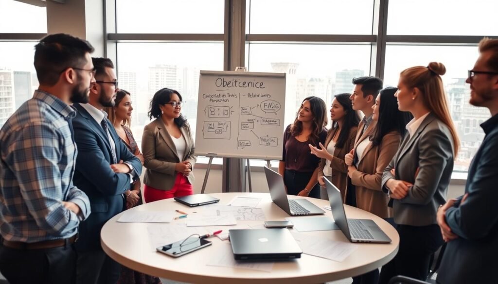 A diverse group of professional individuals engaged in a thoughtful discussion in a modern office setting. In the foreground, a mixed-gender group of three people, dressed in business attire, appear to be listening attentively to a speaker. The speaker, a middle-aged woman with glasses, stands confidently at a whiteboard, illustrating concepts on interpersonal relationships and obedience. In the middle, a large round table filled with notes and laptops symbolizes collaboration and open communication. In the background, a cityscape can be seen through large windows, with soft, natural light illuminating the scene, creating a warm and inviting atmosphere. The mood is contemplative yet empowering, highlighting the importance of understanding obedience within nonviolent communication.