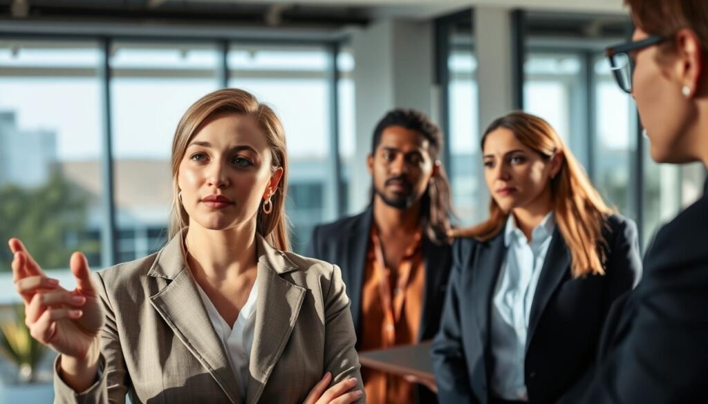 A diverse group of professionals engaged in a conversation, with one individual gently interrupting, signaling the importance of communication. In the foreground, a Caucasian woman in a smart blazer, with a thoughtful expression, raises her hand to interject. In the middle, two colleagues, a Black man and a Hispanic woman, are listening attentively, showcasing a moment of respectful communication. The background features a modern office environment with large windows allowing natural light to flood in, creating a warm and inviting atmosphere. Soft shadows accentuate the faces, capturing a sincere and open moment of dialogue. The image conveys a sense of collaboration and understanding, emphasizing the theme of recognizing appropriate moments to interject in conversations.