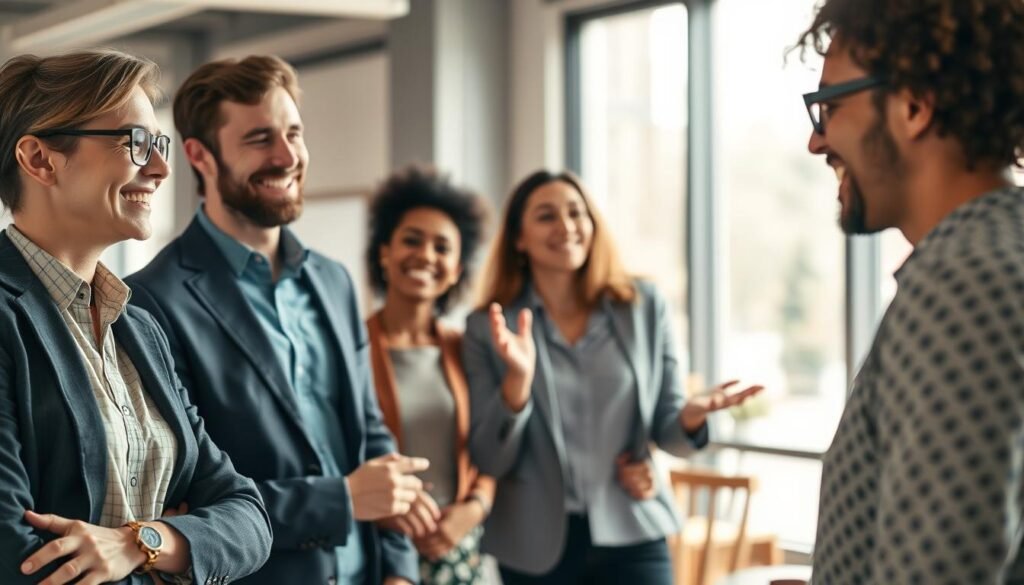 A diverse group of professionals engaged in an animated conversation, illustrating the concept of interpersonal communication improvement. In the foreground, two individuals, a man and a woman, are smiling and actively listening to each other, dressed in smart casual attire. Their expressions convey empathy and connection. In the middle ground, a third person gestures expressively, highlighting the importance of non-verbal cues, while another observes attentively, nodding in agreement. The background features a modern office space with soft, natural lighting filtering through large windows, creating a warm and inviting atmosphere. The overall mood is collaborative and inspiring, emphasizing the transformative power of conscious communication. The composition suggests a dynamic exchange of ideas, without any text or distractions.