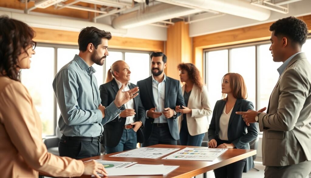 A diverse group of professionals engaged in dynamic interpersonal interactions in a modern office environment. In the foreground, two individuals are having a deep conversation, one gesturing thoughtfully while the other listens attentively, showcasing the difference between "Being" and "Doing." The middle ground features a small meeting table with collaborative work, such as notes and diagrams illustrating the themes of communication. In the background, large windows let in warm, natural light, enhancing the inviting atmosphere. The scene conveys focus and professional collaboration, with soft, neutral colors dominating the palette. The image should convey a sense of understanding, respect, and teamwork, with all individuals dressed in smart business attire, ensuring a professional portrayal.