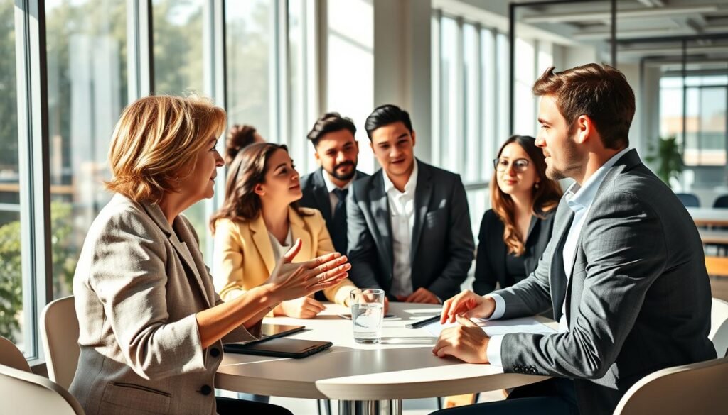 A diverse group of professionals engaging in a thoughtful discussion around a round table, showcasing empathetic communication. In the foreground, a middle-aged woman, dressed in business attire, uses hand gestures to emphasize her point, while a young man in a smart-casual outfit listens intently, demonstrating active listening. In the middle ground, a mixed-gender group, including individuals of different ethnicities, exhibits understanding and openness in their expressions. The background features a bright, airy office with large windows allowing natural light to flood in, creating a warm and inviting atmosphere. Soft shadows enhance the mood of collaboration and connection, with an emphasis on nonverbal cues of empathy. The scene captures the essence of conflict resolution through communication without any distractions or overlays.