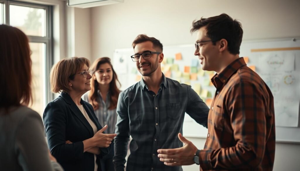 A diverse group of professionals engaging in an active, empathetic conversation in a collaborative workspace. In the foreground, a middle-aged woman with short hair in a smart blazer leans forward, actively listening to a young man in glasses wearing a button-up shirt, both displaying open body language. In the middle ground, a whiteboard filled with colorful diagrams and sticky notes represents brainstorming and creativity. The background features large windows allowing soft, warm sunlight to fill the room, creating a positive and inviting atmosphere. The camera angle is slightly elevated, capturing the dynamic interaction among team members, conveying a sense of unity and collaboration. The overall mood reflects warmth, positivity, and connection, emphasizing the importance of empathetic communication in teamwork.