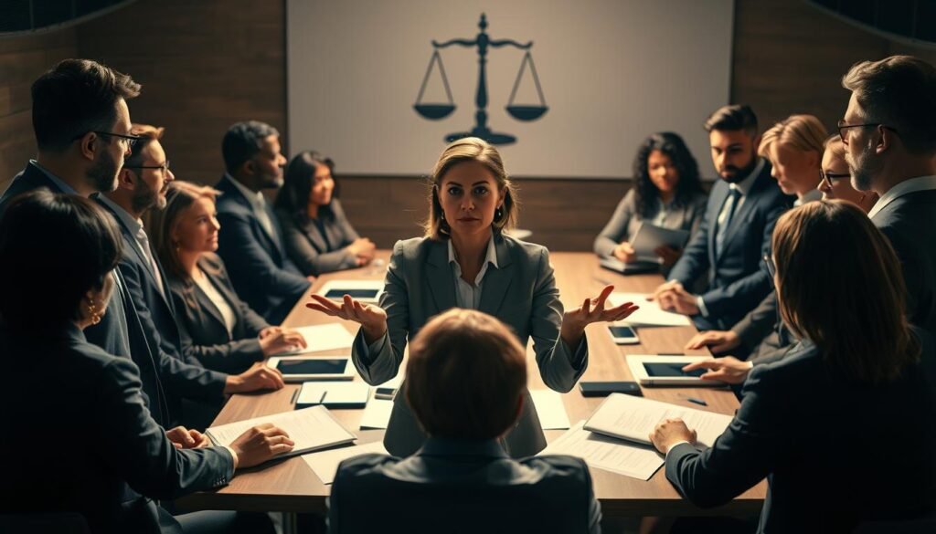 A dramatic and thought-provoking scene depicting a group of diverse professionals engaged in a deep discussion about moral judgment and conflict resolution. In the foreground, a middle-aged woman in professional attire gestures thoughtfully, surrounded by individuals of varying ethnicities and genders, all dressed in smart business clothing. The middle ground features a large table scattered with documents and digital devices, symbolizing ongoing debates and analysis. In the background, subtle imagery of a scale balancing different values hints at the complexities of moral dilemmas. The lighting is warm and inviting, casting soft shadows that create an atmosphere of contemplation and respect. The angle is slightly elevated, providing a comprehensive view of the intense yet collaborative environment, evoking a sense of purpose and connection.