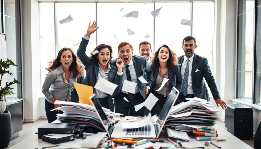A dynamic and visually engaging scene depicting the concept of impulsive behavior in a professional office setting. In the foreground, a diverse group of business professionals, dressed in smart attire, are shown in a moment of spontaneous decision-making, with expressions of surprise and enthusiasm. The middle ground features a cluttered office desk with papers flying around and a half-open laptop, symbolizing chaos and impulsive actions. The background has large windows letting in natural light, creating a contrast between the disorder inside and the calm outside world. The overall mood is tense yet lively, capturing the essence of acting impulsively as an obstacle in communication. The lighting is bright and highlights the emotions of the characters, emphasizing the urgency of the moment.