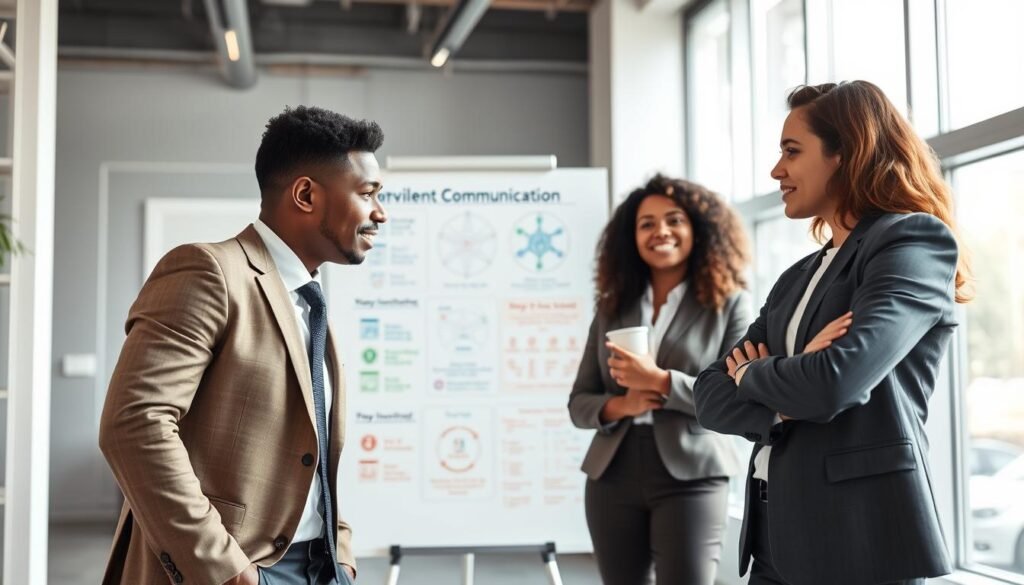 A dynamic office environment where two professionals engage in a constructive discussion, showcasing effective and assertive communication. In the foreground, a diverse pair of individuals, one wearing a tailored suit and the other in smart casual attire, demonstrate active listening and clear expression. Their facial expressions reflect determination and positivity. In the middle ground, a large whiteboard filled with colorful diagrams emphasizes key concepts of Nonviolent Communication (CNV). The background features a bright, modern office space with soft natural light pouring in through large windows, creating an inviting atmosphere. The mood is focused yet collaborative, highlighting the importance of a balanced and assertive approach in dialogue. The angle is slightly angled to capture both participants and their surroundings.