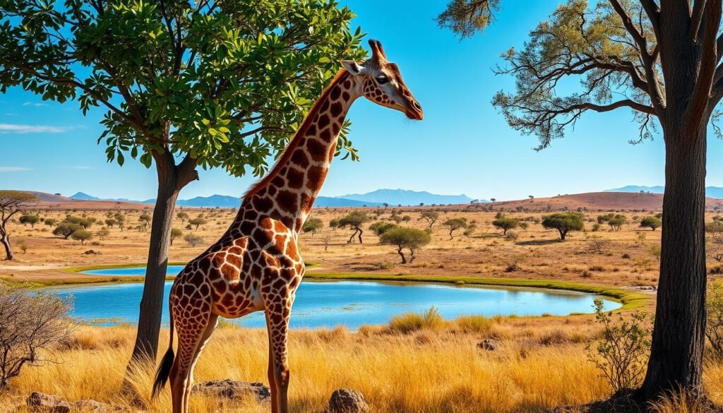 A formal classic giraffe standing majestically in a serene savanna landscape. The foreground features the giraffe gracefully munching on lush green leaves from a tall acacia tree, showcasing its distinct spotted coat with rich shades of gold and brown. In the middle ground, a calm waterhole reflects the clear blue sky, surrounded by gently swaying golden grasses. The background reveals rolling hills dotted with sparse trees and distant mountains, adding depth to the scene. Soft, warm sunlight filters through the trees, creating dappled shadows on the ground, imparting a tranquil and elegant atmosphere. The angle captures the graceful neck of the giraffe extending towards the foliage, emphasizing its height and elegance, evoking a sense of calm and sophistication in this natural habitat.