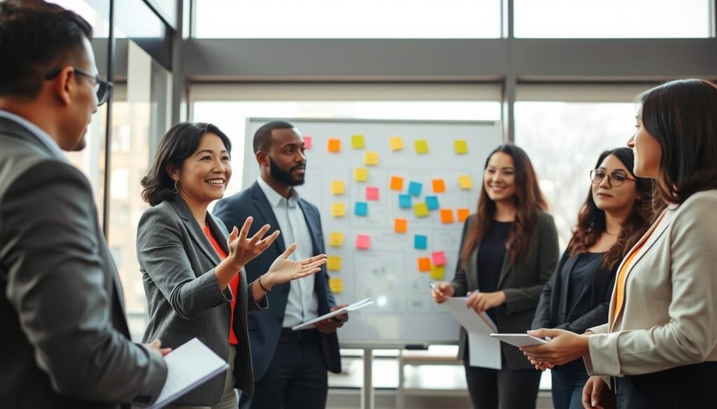 A group of diverse professionals engaged in a collaborative discussion in a well-lit modern office space, symbolizing conflict resolution. In the foreground, a middle-aged woman of Asian descent gestures animatedly, conveying her ideas with conviction. Beside her, a young Black man listens intently, taking notes, while a Hispanic woman offers thoughtful insight. The scene is professionally dressed, showcasing a mix of business attire and smart casual clothing. In the middle ground, a large whiteboard displays mind maps and diagrams with color-coded sticky notes representing various obstacles in identification. The background features large windows allowing natural sunlight to stream in, creating a bright and positive atmosphere. The mood is focused and collaborative, emphasizing open communication and teamwork to overcome hurdles.
