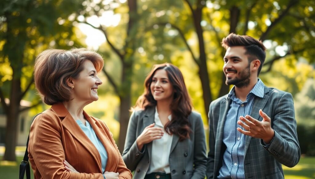A harmonious scene depicting interpersonal relationships, featuring a diverse group of three individuals engaged in a thoughtful conversation. In the foreground, a middle-aged woman in professional attire listens attentively, her expression reflecting empathy and understanding. Beside her, a young man in business casual clothing gestures, emphasizing his points with open hands. In the background, a serene outdoor setting with soft sunlight filtering through lush trees creates a warm and inviting atmosphere. The composition captures a feeling of connection, with gentle, diffused lighting that highlights the participants’ facial expressions. A shallow depth of field brings focus to the group, while the surrounding nature symbolizes growth and communication. The mood is positive and engaging, underscoring the importance of empathy in fostering strong personal relationships.