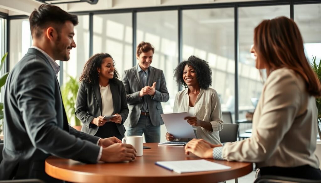 A harmonious scene illustrating interpersonal relationships in a modern office setting. In the foreground, a diverse group of three individuals, dressed in smart casual attire, are engaged in a discussion around a circular table, demonstrating active listening and empathy. In the middle ground, two colleagues collaborate on a project, sharing ideas with enthusiasm and an expression of mutual respect. In the background, soft, natural light filters through large windows, casting gentle shadows, enhancing the welcoming atmosphere. The overall mood is warm and supportive, highlighting themes of communication and understanding. The angle captures the scene from a slightly elevated perspective, emphasizing connection and engagement among the individuals, with no text or distractions present.