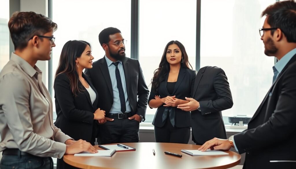 A modern office environment showcasing a diverse group of four professionals engaged in an open dialogue. In the foreground, two individuals, a Caucasian woman and a Black man, are actively listening to a South Asian woman who is speaking earnestly. A Hispanic man stands beside her, nodding in agreement. They are dressed in professional business attire, creating a polished and formal atmosphere. In the middle, a sleek round table surrounds them, with notepads and pens scattered across its surface. The background features a large window with natural light filtering in, casting a warm glow over the scene. The overall mood is collaborative and constructive, emphasizing effective internal communication strategies in a conflict resolution context. The scene captures the essence of non-violent communication through expressive body language and attentive expressions.