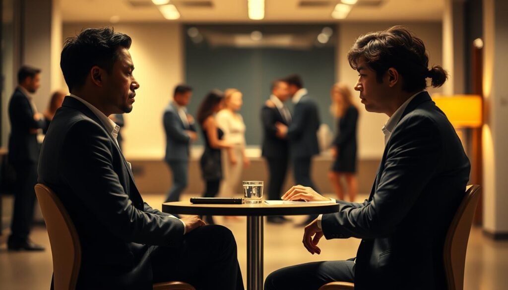 A multifaceted interpretation of interpersonal relationships, focusing on submission and its causes and consequences. In the foreground, depict two individuals seated at a small table, engaged in a serious conversation, their expressions reflecting vulnerability yet attentiveness; both dressed in professional business attire. The middle ground features a blurred group of people in various stances, some leaning towards the table, others standing apart, emphasizing the dynamic of submission and authority. The background shows a softly lit, modern office environment, creating a sense of intimacy and tension. Employ warm lighting that highlights the emotional weight of the interaction. The atmosphere is one of introspection and quiet conflict, evoking a sense of inner struggle and interconnectedness among human experiences.