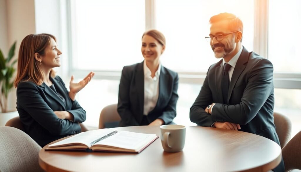 A peaceful negotiation scene illustrating the concept of making concessions in conscious communication. In the foreground, two professionals, one man and one woman, sit at a round table, engaged in a friendly discussion, dressed in smart business attire. The woman gestures with open hands, symbolizing openness and understanding, while the man leans forward with a thoughtful expression. In the middle ground, soft focus captures an open notebook with notes and a coffee cup, emphasizing collaboration. The background features a minimalist office environment with soft, natural light streaming in through large windows, creating a warm and inviting atmosphere. The overall mood is constructive and harmonious, reflecting mutual respect and the essence of negotiation.