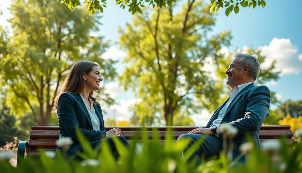 A peaceful outdoor scene depicting two people engaging in empathetic dialogue, inspired by Nonviolent Communication principles. In the foreground, a woman and a man are sitting on a park bench, dressed in professional business attire, facing each other with warm smiles, embodying openness and understanding. The middle layer features lush green trees and soft floral elements, symbolizing growth and harmony. In the background, a bright blue sky with soft fluffy clouds enhances the positive atmosphere, while gentle sunlight filters through the leaves, creating dappled light across the scene. The composition should evoke a sense of connection and collaboration, illustrating the impactful essence of Nonviolent Communication in everyday life.