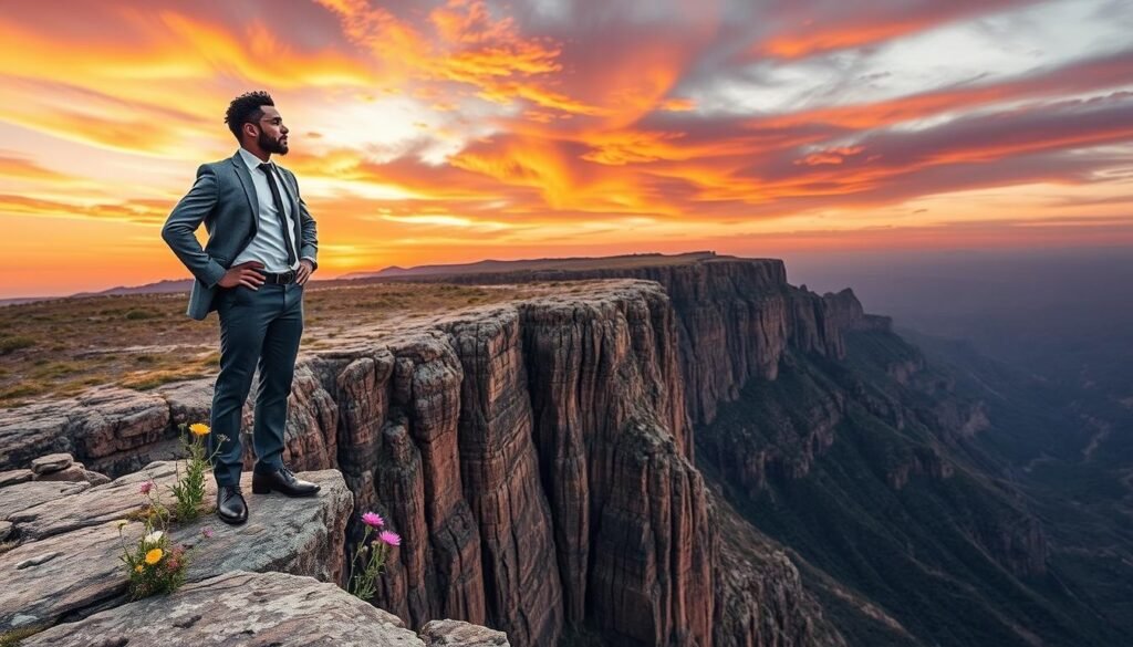 A powerful image of a person standing defiantly at the edge of a cliff, gazing into the horizon, symbolizing rebellion and resilience. The foreground features a diverse individual dressed in professional business attire, hands on hips, looking confidently into the distance. In the middle ground, the rugged cliffscape contrasts with vibrant wildflowers that bloom defiantly through the cracks, representing strength and growth. The background showcases a dynamic sunset with rich oranges and purples casting a warm, golden light, creating an atmosphere of hope and determination. The angle is slightly elevated, emphasizing the person's posture and the expansive sky, inviting viewers to feel inspired by the theme of self-affirmation in the face of challenge.