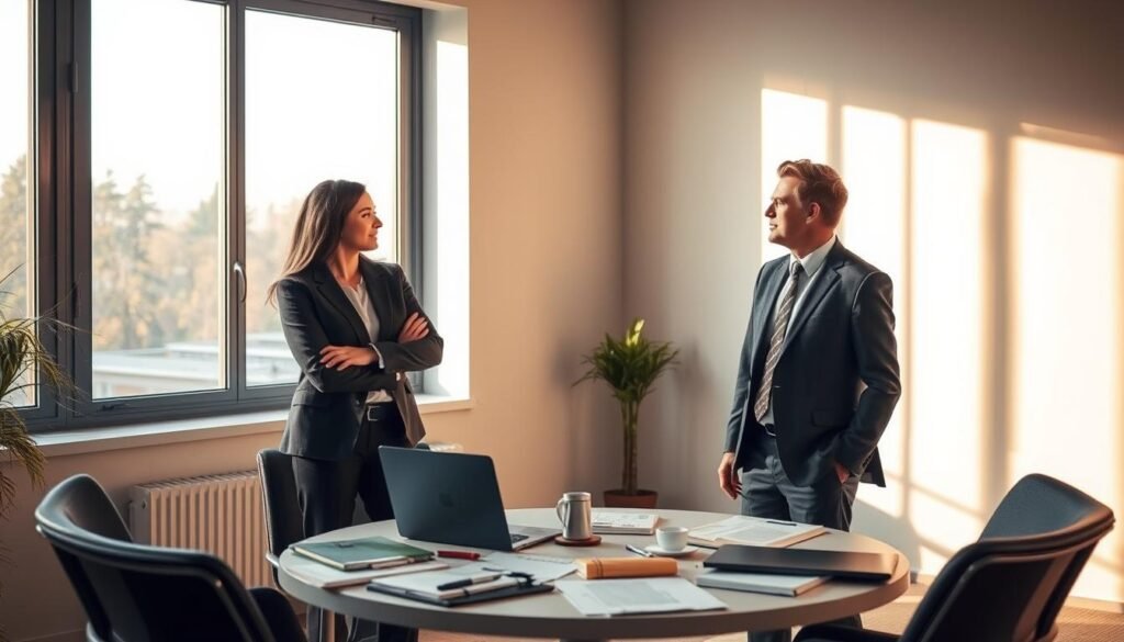 A professional and serene office setting illustrating "conscious interruption in communication." In the foreground, two individuals in professional business attire engage in a respectful conversation, both displaying attentive body language. One person has just raised a hand gently, symbolizing an intentional interruption, while the other looks thoughtfully at them. In the middle ground, a round table cluttered with notebooks, pens, and a laptop suggests an active discussion space. The background features large windows letting in warm natural light, creating a calm and inviting atmosphere. Soft shadows play on the walls, adding depth and warmth to the scene. The composition conveys a mood of collaboration and understanding, emphasizing non-violent communication practices.
