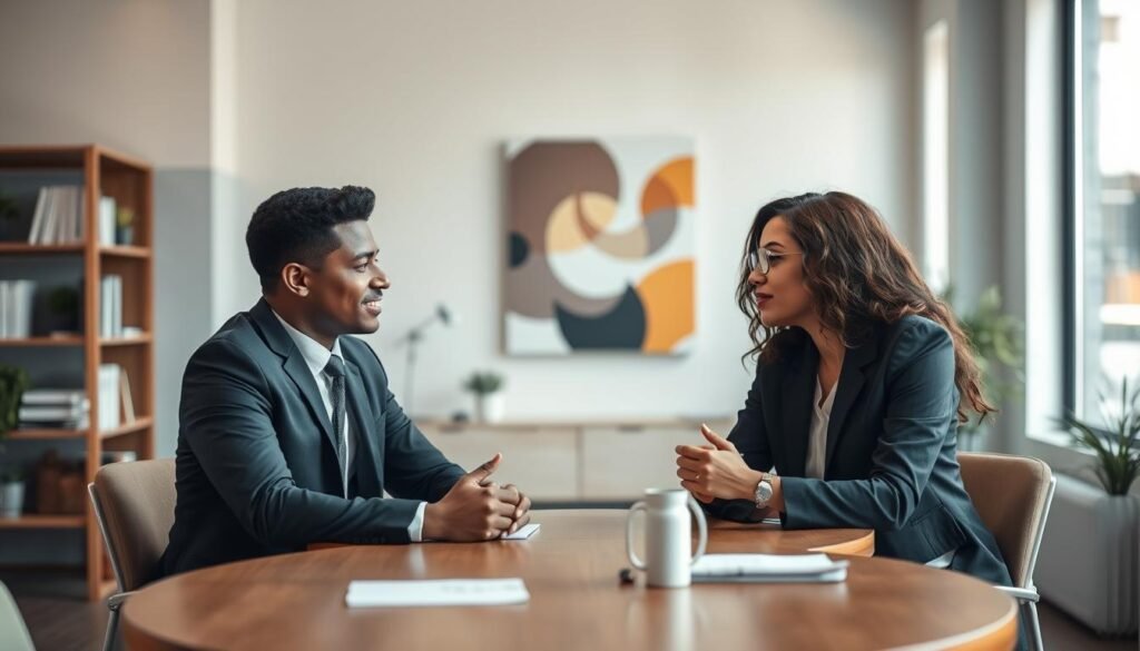 A professional setting where two individuals are engaged in a constructive dialogue, embodying empathy and effective communication. In the foreground, a diverse pair of professionals—one man and one woman—are seated across from each other at a round table, both listening intently and exchanging ideas. Their expressions reflect understanding and respect, dressed in smart business attire. In the middle ground, a well-organized office space with soft lighting, featuring shelves of books and a window letting in natural light, enhances the atmosphere of collaboration. In the background, a subtle abstract artwork symbolizes the flow of communication. The overall mood is warm and inviting, emphasizing a constructive approach to communication. The scene is captured with a slight depth of field, focusing on the two individuals while softly blurring the background to draw attention to their interaction.