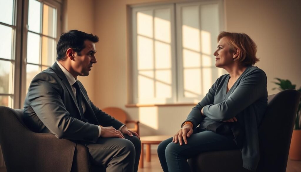 A serene and contemplative setting where two individuals sit across from each other in a cozy, softly-lit room. In the foreground, one person, dressed in professional business attire, expresses intense emotion, showing signs of frustration and anger through their facial expressions but maintaining a posture of openness. The other person, wearing modest casual clothing, leans slightly forward, attentively listening with a calm demeanor, fostering an atmosphere of empathy and understanding. The background features warm, muted colors and soft lighting that creates an inviting and safe environment, emphasizing the importance of non-verbal communication. Large windows let in gentle daylight, casting soft shadows that enhance the mood of active listening and compassion. Capture the tension and release in the air between them, illustrating the process of listening to anger through Nonviolent Communication.
