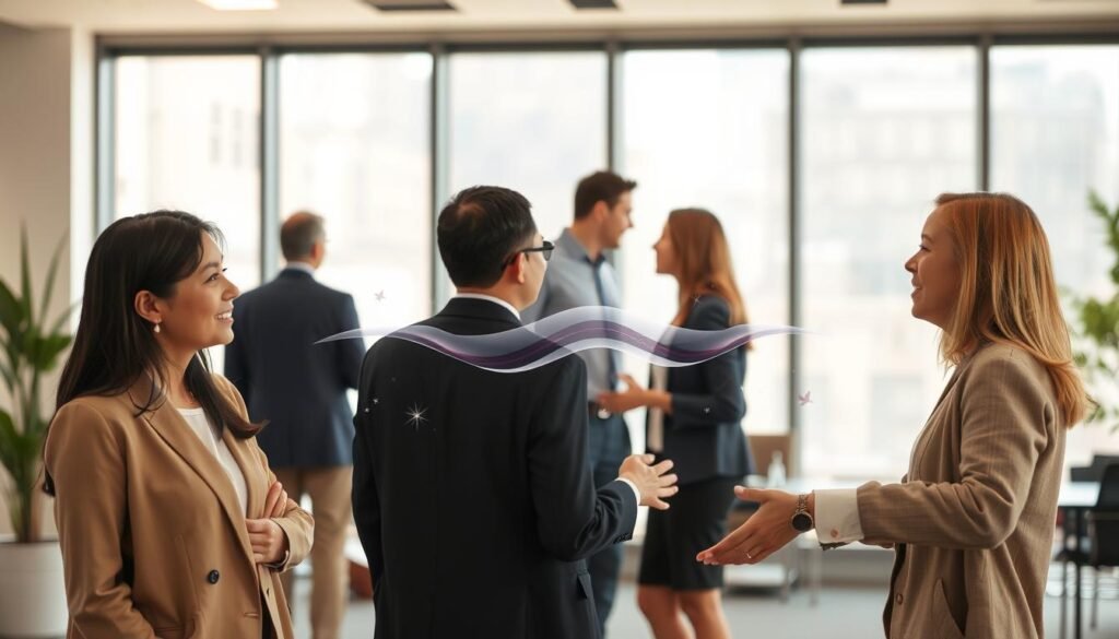 A serene and harmonious scene depicting emotional intelligence and mutual understanding in communication. In the foreground, two professionals in modest business attire engage in a collaborative discussion, their expressions open and attentive. The middle ground shows a diverse group of individuals, interacting and exchanging ideas with visible empathy, surrounded by abstract symbols of thought and emotion, like gentle waves or soft light bursts. The background features a modern office environment with large windows allowing natural light to flood in, symbolizing clarity and openness. The atmosphere is warm and inviting, conveying a sense of connection and mutual respect, with soft lighting to enhance the mood of collaboration and understanding. The composition captures the essence of "Being" and "Doing" in communication.