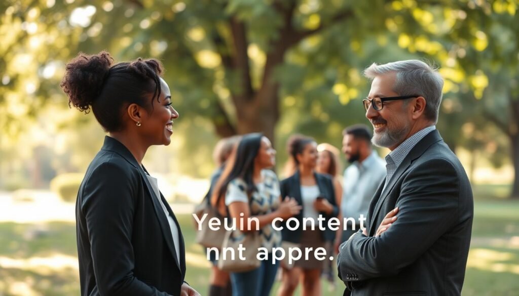 A serene and harmonious scene illustrating the theme of "strengthening connections through appreciation." In the foreground, two diverse individuals, a woman in professional business attire and a man in smart casual wear, are engaged in a heartfelt conversation, each with warm smiles that reflect genuine appreciation. In the middle ground, a group of people of various backgrounds and ages are gathered, sharing laughs and making eye contact, symbolizing the power of gratitude and connection. The background features a soft-focus park setting with gentle sunlight filtering through the leaves, creating a warm, inviting atmosphere. The lighting is soft and natural, enhancing the feeling of warmth and community. The angle captures the interaction and connection between the individuals, conveying a deep sense of appreciation and unity.
