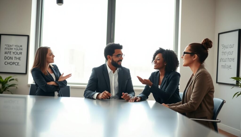 A serene and inspiring office environment showcasing successful emotional intelligence and personal development. In the foreground, a diverse group of four individuals, dressed in professional business attire, engage in a productive discussion around a sleek conference table. One person gestures thoughtfully, while another listens intently, demonstrating active engagement. The middle ground features a large window with natural light streaming in, casting soft shadows that create a warm atmosphere. In the background, motivational quotes framed on the walls enhance the theme of growth and success. The lighting is bright yet soft, highlighting the expressions of collaboration and understanding on the participants' faces. The mood is uplifting, encouraging a sense of community and personal advancement.