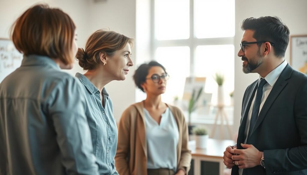 A serene and intimate scene in a well-lit modern office space, showcasing a diverse group of three professionals engaged in a deep conversation. In the foreground, a middle-aged woman in modest casual clothing leans forward, her expression empathic and attentive, while a young man in business attire nods with understanding. In the middle ground, a window reveals soft, natural light streaming in, creating a warm and inviting atmosphere. The background features subtle decor that suggests a collaborative environment, like potted plants and inspirational artworks. The overall mood conveys connection, understanding, and respect, highlighting the essence of empathy in communication, emphasizing body language and facial expressions that reflect genuine engagement and compassion.