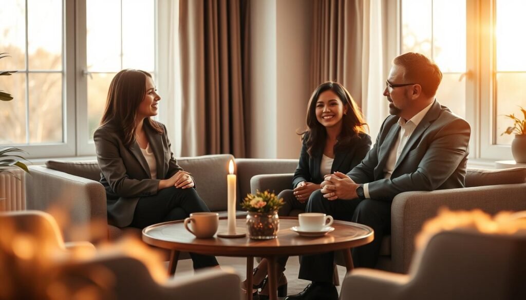 A serene and introspective scene capturing the essence of emotional intelligence. In the foreground, a diverse group of three figures, two women and one man, dressed in professional business attire, sit comfortably in a cozy, softly-lit room. They are engaged in a heartfelt conversation, embodying empathy and understanding. The middle ground features a table adorned with warm beverages and a few comforting items like a small plant and a candle flickering gently. In the background, large windows allow soft, golden sunlight to filter in, casting warm shadows that enhance the tranquil atmosphere. Overall, the mood is calm and inviting, evoking a sense of connection and support.