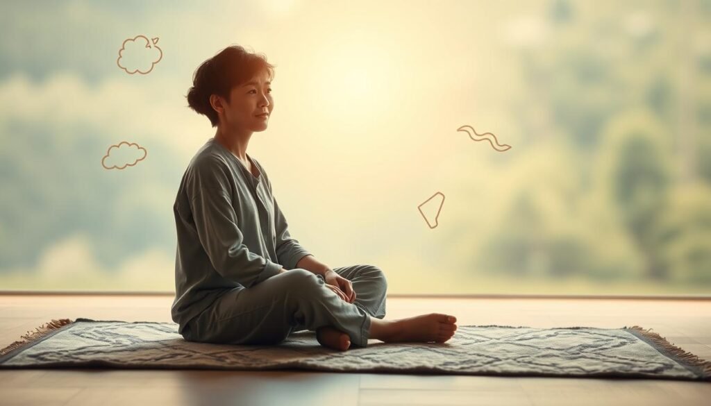 A serene and introspective scene depicting the concept of self-awareness and internal stimuli. In the foreground, a thoughtful individual sits cross-legged on a soft rug, dressed in modest casual attire, with a gentle expression of contemplation. The middle ground features an ethereal light illuminating the individual, casting soft shadows that evoke a sense of calm and focus. Surrounding them are subtle symbols of thought and emotion, like floating orbs and gentle waves, representing various internal stimuli. The background fades into a tranquil, blurred landscape of soft greens and blues, reminiscent of a peaceful natural setting. The overall atmosphere is one of serenity, self-reflection, and emotional clarity, with warm, soft lighting enhancing the mood. The camera angle is slightly low, emphasizing the individual's connection to their inner world.