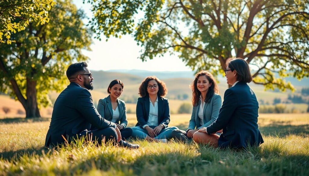 A serene and introspective scene illustrating emotional self-awareness. In the foreground, a diverse group of three individuals, dressed in professional business attire, sit in a circle on a soft, grassy field, their faces reflecting a range of emotions—thoughtfulness, understanding, and clarity. In the middle ground, soft sunlight filters through lush, leafy trees, casting gentle dappled shadows on the ground, enhancing the mood of calm reflection. In the background, a peaceful landscape of rolling hills and a clear blue sky evokes tranquility. The composition should use a shallow depth of field to focus on the group while softly blurring the background, creating an intimate and contemplative atmosphere. The overall lighting is warm and inviting, emphasizing themes of empathy and emotional exploration.