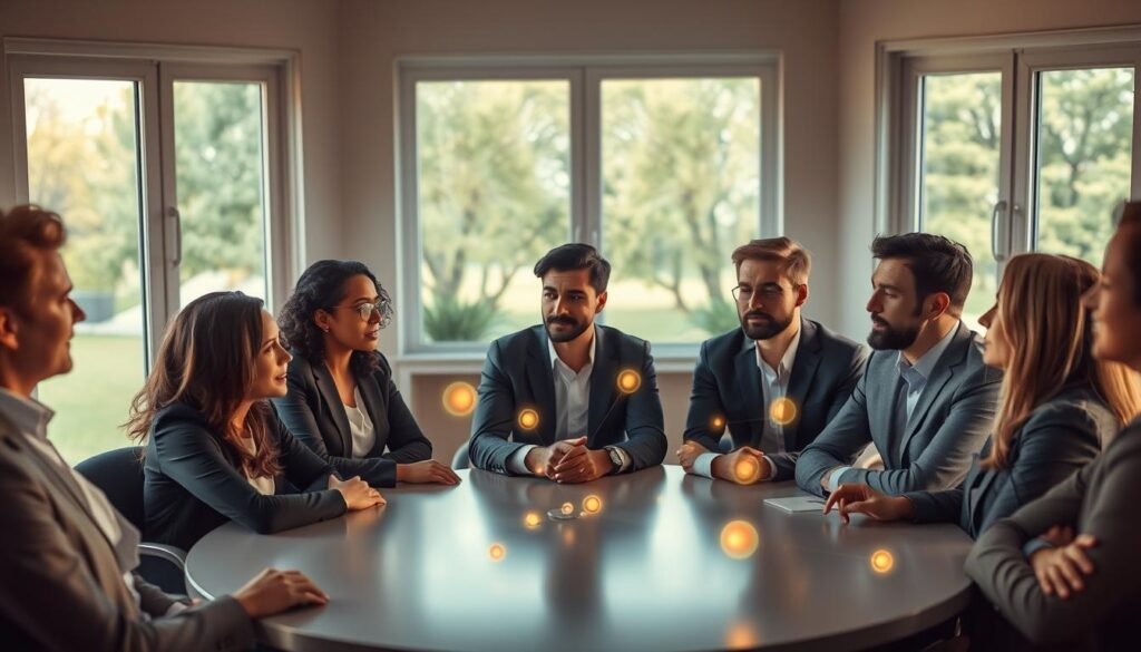 A serene and introspective scene illustrating "empathetic intuition." In the foreground, a diverse group of professionals are engaged in a thoughtful discussion, sitting at a round table, dressed in business attire. Their expressions convey deep understanding and connection, as if they are perceiving the feelings of others without words. In the middle ground, soft, glowing orbs of light represent intuitive thoughts, gently weaving between the individuals, symbolizing the flow of empathy and understanding. The background features a softly lit room with large windows showing a tranquil park, enhancing the mood of reflection and insight. Use warm, inviting lighting to create an atmosphere of hope and connection, focusing on the subtle interplay of emotions among the figures. The angle should be slightly elevated, capturing the dynamic interaction and vibrant energy in the room.