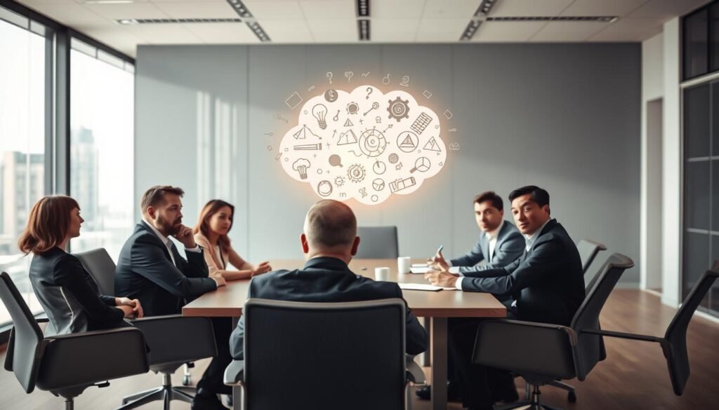 A serene and introspective setting depicting the concept of "intellectual conjectures." In the foreground, a diverse group of professionals in smart business attire are seated around a modern conference table, engaging in deep discussion. Their varied expressions reflect contemplation and insight. In the middle, an ethereal thought bubble filled with abstract symbols and illustrations representing ideas, theories, and algorithms hovers above the table, glowing softly. The background features a bright, airy office space with large windows revealing a cityscape, instilling a sense of openness and possibility. Soft, natural lighting floods the scene, creating a warm and inviting atmosphere, while a shallow depth of field focuses on the group’s interaction, accentuating their engagement with the ideas presented.