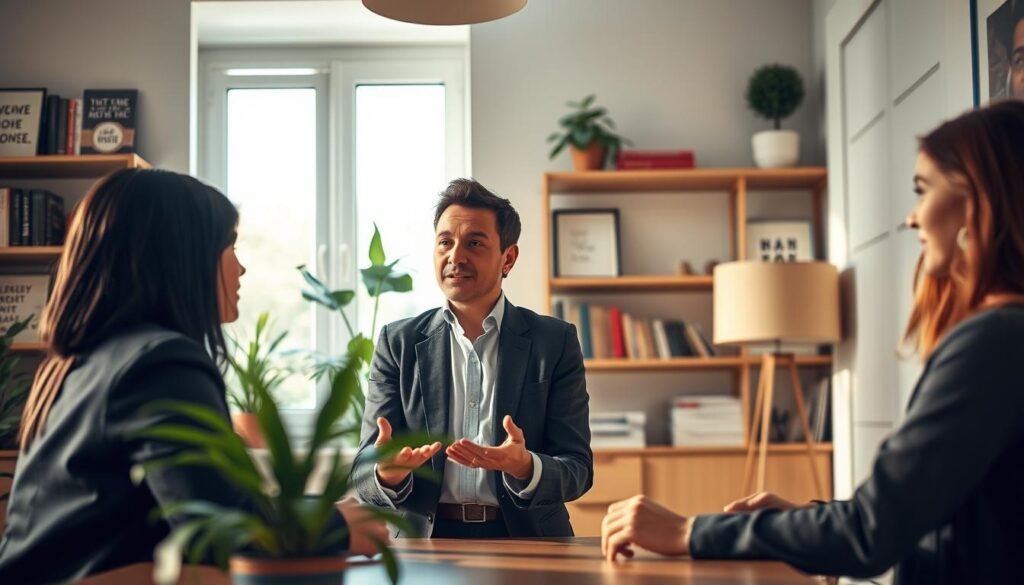 A serene and inviting office environment, featuring a diverse group of three professionals engaged in a thoughtful discussion around a table. In the foreground, a woman in modest business attire is expressing her feelings with open body language, while a man and another woman attentively listen, showing empathy and understanding. The middle ground includes soft lighting that creates a warm atmosphere, with a window casting gentle sunlight onto a nearby indoor plant. In the background, shelves filled with books and inspirational quotes create an encouraging ambiance. The overall mood is professional yet nurturing, conveying a sense of solidarity and respect for human needs and assertiveness. The angle captures the dynamics of their interaction, highlighting a supportive exchange.