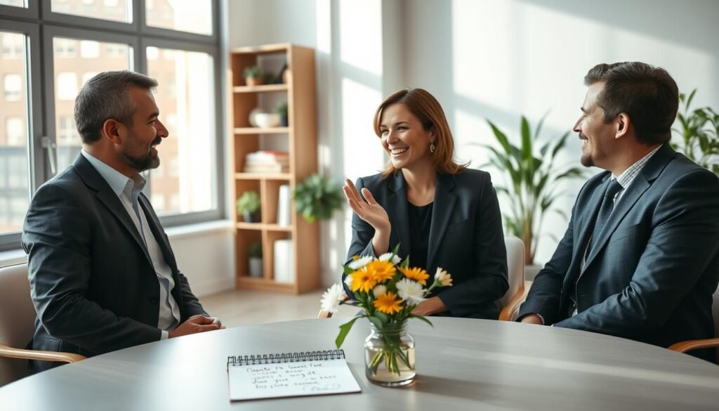 A serene and inviting office space with natural light streaming through a large window, casting soft shadows. In the foreground, a diverse group of three people—two men and a woman—are engaged in a warm, collaborative discussion, all dressed in professional business attire. The woman is smiling and expressing gratitude, with a gentle hand gesture that signifies appreciation. In the middle ground, a table is adorned with a small vase of cheerful flowers and a notepad with handwritten notes highlighting positive phrases. The background features a cozy bookshelf and plants, enhancing the atmosphere of positivity and openness. The overall mood is uplifting and harmonious, conveying a sense of connection and understanding in expressing gratitude.