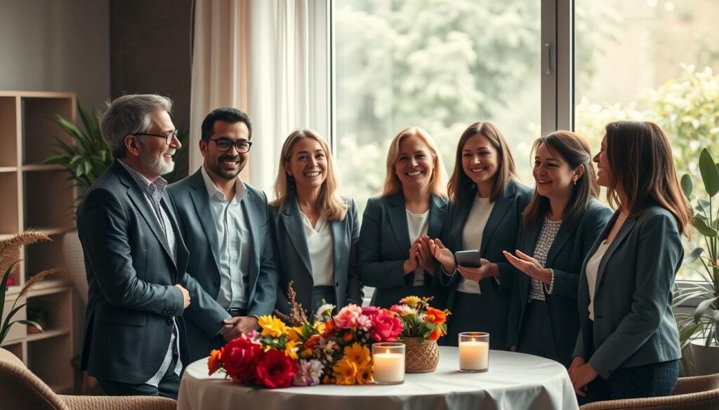 A serene and inviting scene depicting the theme of Nonviolent Communication and empathy. In the foreground, a diverse group of four individuals, two men and two women, are joyfully sharing a moment of gratitude, dressed in professional business attire. Their expressions radiate warmth and understanding. The middle ground features a gentle, soft-cluttered setting with a round table adorned with vibrant flowers and a warm candlelight ambiance. In the background, a window reveals a tranquil garden with soft, diffused sunlight filtering through, enhancing a peaceful atmosphere. The overall mood is one of connection, openness, and mutual respect, with soft, natural colors and a slight bokeh effect, creating an emotional yet professional tone suitable for discussing gratitude and empathy in communication.