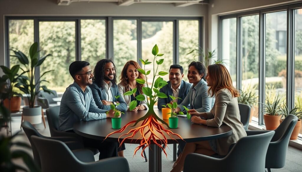 A serene and inviting workspace illustrating the theme of cultivating empathy. In the foreground, a diverse group of professionals—men and women of various ethnicities—are engaged in a collaborative discussion at a round table, with open body language and attentive expressions, dressed in smart casual business attire. The middle ground features an array of visual metaphors for empathy, such as plants with intertwined roots symbolizing connection, and a warm, glowing light illuminating their faces, creating a sense of intimacy and understanding. In the background, large windows reveal a peaceful garden, fostering a calm atmosphere. The lighting is soft and natural, with warm tones that evoke a sense of comfort and openness. The overall mood is positive and engaging, emphasizing the importance of understanding and connection in communication.