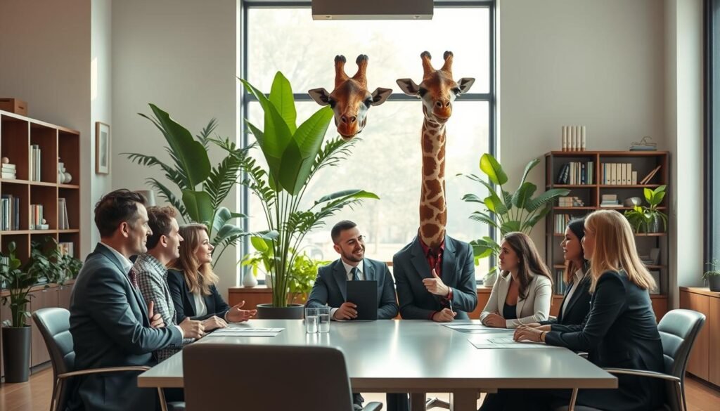 A serene and professional office environment, where a tall, elegant giraffe symbolizes effective communication. In the foreground, a group of diverse individuals, dressed in smart business attire, engage in a discussion around a large table, with one person gesturing towards the giraffe, emphasizing the concept of "Hacer Jirafa" as a metaphor for empathetic communication. The middle ground features a large window with soft, natural light filtering in, casting gentle shadows. The background includes lush green plants and a modern bookshelf filled with resources about nonviolent communication. The mood is collaborative and inspiring, with an atmosphere of openness and understanding, showcasing the importance of listening and connection. The image should be captured with a warm tone, using a wide-angle lens to enhance the interaction among individuals and the giraffe.