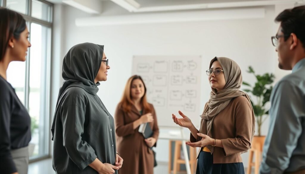 A serene and professional scene illustrating effective communication techniques for peaceful conflict resolution. In the foreground, a diverse group of three business professionals in modest attire—two women and one man—are engaged in a calm and constructive conversation, with open body language and attentive expressions. In the middle ground, a whiteboard displays key concepts of Nonviolent Communication (CNV), with simple diagrams and symbols. The background features a softly lit modern office space, with natural light streaming in through large windows, creating an inviting atmosphere. The overall mood is tranquil and focused, reflecting a collaborative spirit. The composition captures the essence of peaceful dialogue and understanding, emphasizing the importance of harmonious communication.