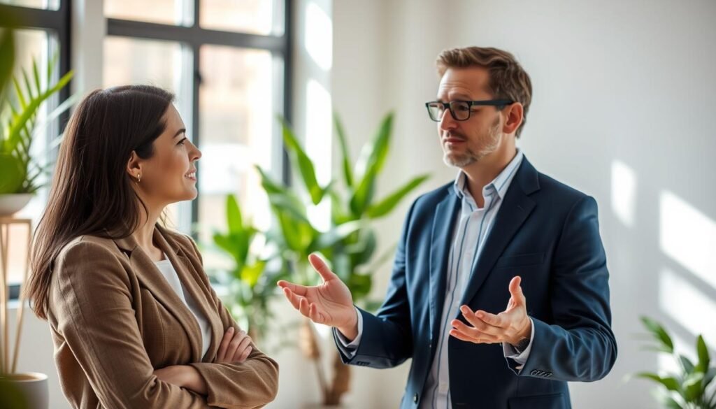 A serene and professional setting featuring two individuals engaged in effective and assertive communication. In the foreground, a woman in modest business attire is actively listening, her body language open and inviting. In the middle, a man in a smart casual outfit explains his thoughts, gesturing thoughtfully with his hands. Their expressions convey empathy and understanding, highlighting the principles of NonViolent Communication. The background showcases a bright, well-lit office space with plants and soft colors, creating a calm atmosphere. Natural light filters through the windows, casting gentle shadows. The lens is slightly blurred to focus on the conversation, enhancing the mood of collaboration and connection.