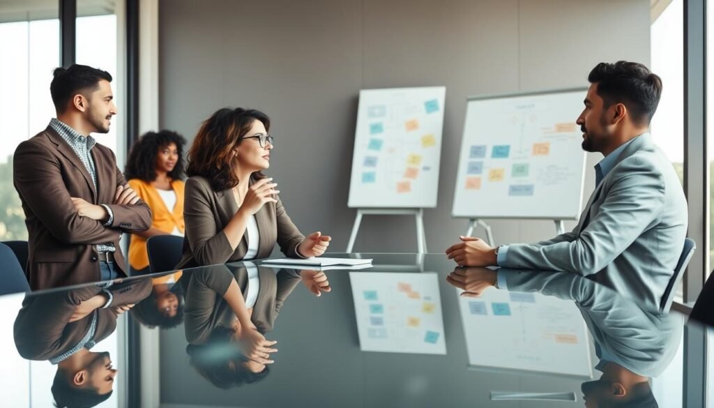 A serene conference room setting where a diverse group of professionals is engaged in a constructive negotiation. In the foreground, a middle-aged woman and a young man are seated at a sleek glass table, discussing with thoughtful expressions, their hands gesturing as they actively listen to each other. The middle ground features a large whiteboard filled with colorful notes and diagrams, symbolizing the ideas being exchanged. In the background, large windows allow soft, natural light to fill the room, creating a warm atmosphere that encourages collaboration. The overall mood is one of openness and resolution, highlighting the theme of making concessions as a vital part of the negotiation process. The image composition is framed at eye level to enhance the engagement and sincerity between the participants.