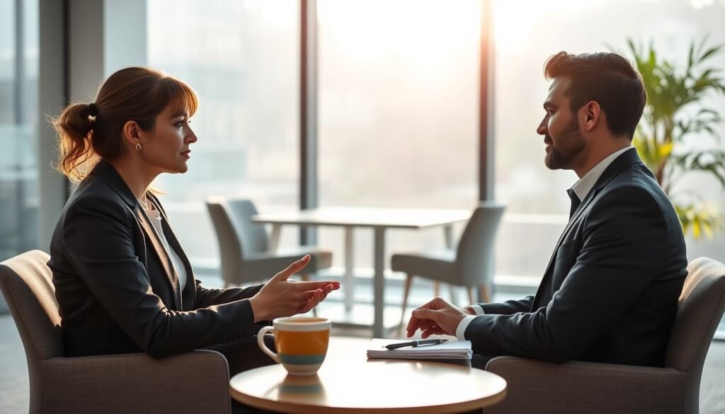 A serene conference room setting where two professional individuals, a man and a woman, are engaged in a respectful dialogue, demonstrating active listening and conflict resolution. The foreground features a small round table with a cup of tea, a notepad, and a pen. The middle includes the individuals in business attire, facing each other with open body language, showcasing empathy and collaboration. In the background, soft natural light filters through large windows, softly illuminating a modern office space. The atmosphere is calming and focused, promoting a sense of understanding and teamwork. The image captures the essence of "power with" in conflict resolution, emphasizing cooperation and mutual respect.