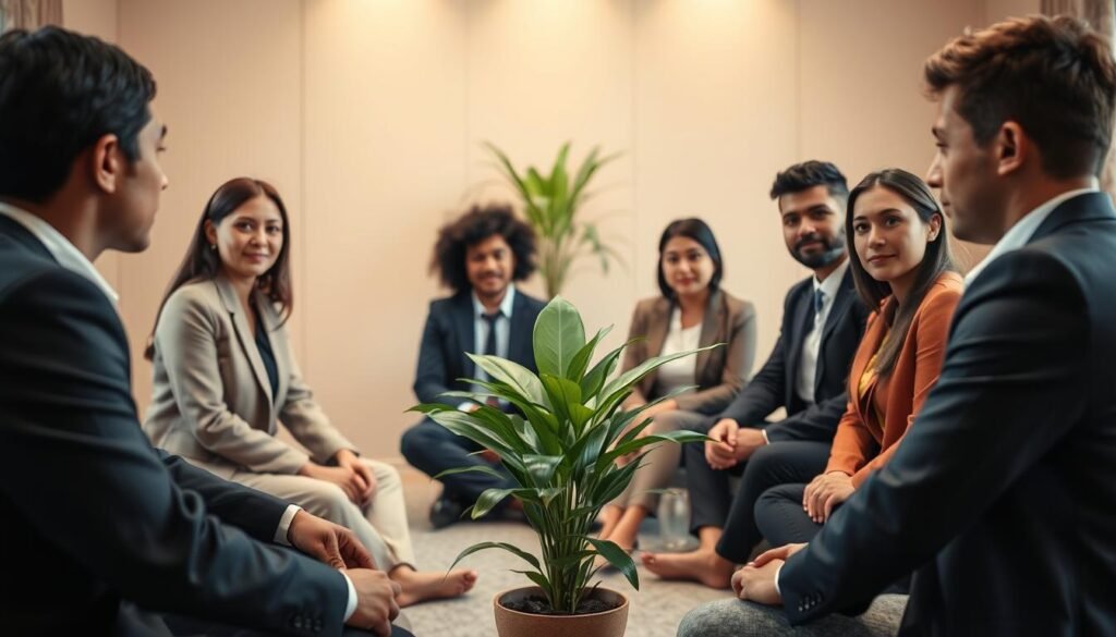 A serene indoor scene reflecting deep self-knowledge and conscious presence. In the foreground, a diverse group of individuals in professional business attire sits in a circle, their expressions calm and focused, engaging in deep conversation. In the middle ground, a lush indoor plant adds a touch of nature, symbolizing growth and introspection. The background features softly lit warm-toned walls, creating a cozy, inviting atmosphere, perhaps with gentle light streaming through a window, enhancing the feeling of tranquility. The overall mood is reflective and empowering, capturing the essence of connection, empathy, and support within a mindful setting. The composition should be framed from eye level, emphasizing the engagement and presence of the participants.