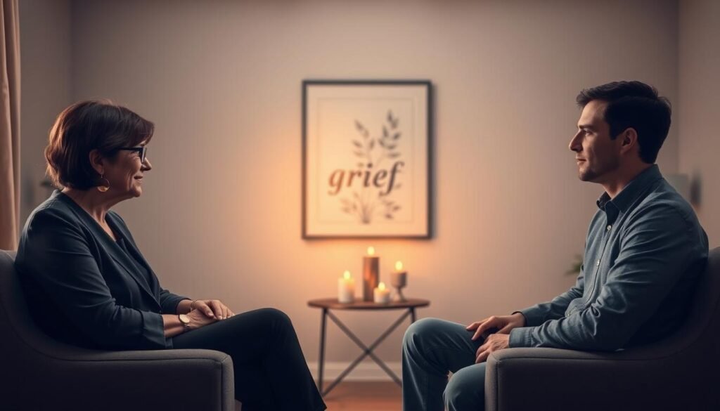 A serene indoor space designed for sharing and comfort. In the foreground, two individuals sit across from each other, engaged in a heartfelt conversation; one is a middle-aged woman in professional attire, gently listening, while the other is a young man in casual yet respectful clothing, expressing his emotions. In the middle, a soft, warm light filters through a large window, illuminating their faces and the cozy atmosphere. The background features a subtle, abstract artwork symbolizing grief and healing, along with a small table decorated with candles to create a peaceful ambiance. The overall mood is one of connection, empathy, and support, emphasizing the importance of sharing grief in a nurturing environment. The image should evoke a sense of warmth and understanding.
