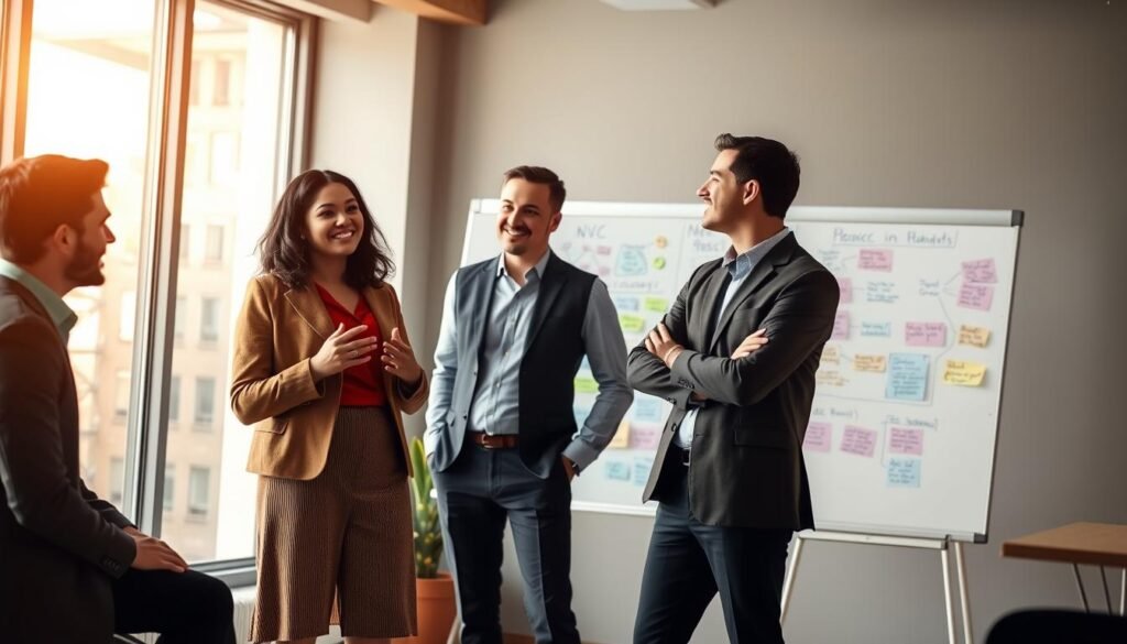 A serene, modern workplace setting illustrating the principles of Nonviolent Communication (NVC) in action. In the foreground, a diverse group of three professionals—one woman and two men—engaged in a positive discussion, displaying open body language and active listening. The woman is standing, gesturing empathetically, while one man nods and the other leans slightly forward, showing engagement. In the middle ground, a whiteboard is filled with colorful notes and diagrams reflecting NVC concepts, fostering a collaborative atmosphere. The background features large windows that let in warm, soft natural light, creating an inviting and harmonious workspace. The mood is calm, constructive, and supportive, encapsulating the essence of NVC applied in daily interactions.