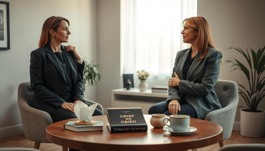 A serene office environment depicting the theme of conflict resolution in grief. In the foreground, two individuals in professional business attire, one holding a supportive hand on the other's shoulder, highlighting empathy and understanding. In the middle ground, a round table with tissues, a grief-related book, and a warm cup of tea, symbolizing a safe space for discussion. The background shows soft, muted colors with natural light filtering through a window, creating a calm and reflective atmosphere. The overall mood is one of compassion and healing, emphasizing the delicate balance between mourning and the transformation of regrets. Aim for a medium shot with a warm focus, capturing both the subjects' expressions and the inviting environment.