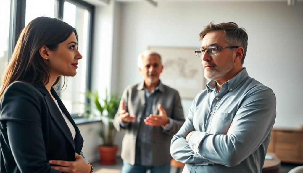 A serene office environment featuring two diverse professionals engaged in a collaborative discussion. In the foreground, a young woman in a smart business attire is demonstrating active listening, leaning slightly forward. In the middle ground, a middle-aged man in modest casual clothing is using gestures to explain a point, emphasizing openness and understanding. The background showcases an office with soft natural lighting streaming through large windows, creating an inviting atmosphere. A potted plant and a neutral-toned wall art complement the scene. The overall mood conveys harmony, promoting the concepts of effective communication and conflict resolution, portraying how these skills are seamlessly integrated into daily interactions in the workplace. The image is captured from a slight angle to foster perspective and depth.