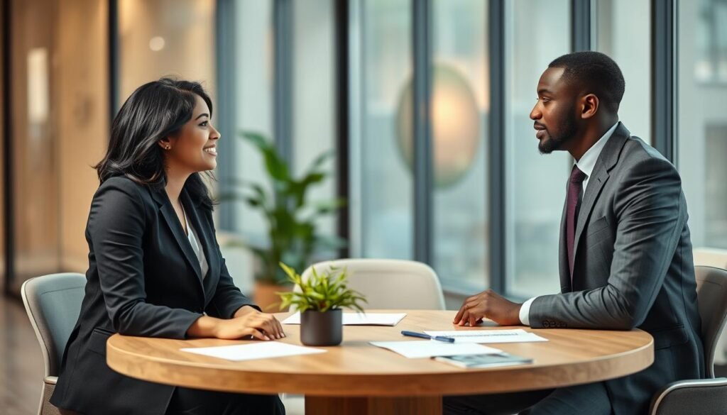 A serene office environment featuring two diverse professionals engaged in a deep conversation. In the foreground, a South Asian woman in a smart blazer leans forward, actively listening with empathy, her expression warm and understanding. Opposite her, a Black man in a business suit nods thoughtfully, making eye contact, exuding openness. In the middle ground, a large round table with papers and a plant symbolizes collaboration. The background contains large windows with soft, natural light filtering in, creating a calm atmosphere. The overall mood conveys connection, understanding, and the power of empathy in resolving conflicts, captured with a shallow depth of field to focus on the interaction.