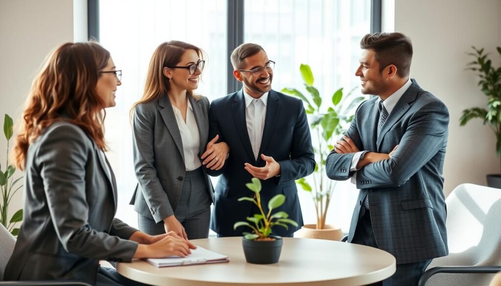 A serene office environment illustrating empathy and effective communication in managing vulnerability. In the foreground, a diverse group of three professionals—two women and one man—engaged in a supportive conversation, dressed in smart business attire. Their expressions are warm and focused, conveying understanding and connection. In the middle ground, a round table with notebooks and a plant symbolizes collaboration and openness. The background features a large window allowing soft, natural light to flood the space, creating a calm and inviting atmosphere. The color palette is soothing with soft blues and greens, promoting a sense of trust and safety. The scene is captured from a slightly elevated angle, giving a dynamic view of the interaction while emphasizing the importance of empathy and effective communication.