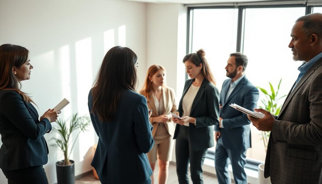 A serene office environment showcasing a diverse group of professionals engaged in observation and emotional perception techniques. In the foreground, two individuals in professional attire (a woman of Asian descent and a man of African descent) are observing a small group in discussion, taking notes intently. In the middle ground, the group consists of three people (two women and one man) expressing varied emotions while interacting. The background features a large window with natural light pouring in, creating a warm and inviting atmosphere. Soft shadows fall across the room, highlighting the focus on collaboration and emotional insight. The angle captures a slight overhead perspective, enhancing the sense of engagement and connection among all participants.
